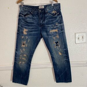 RIVET DE CRU MENS DARK BLUE PREMIUM JEANS SIZE W34 L32 INSEAM DISTRESSED